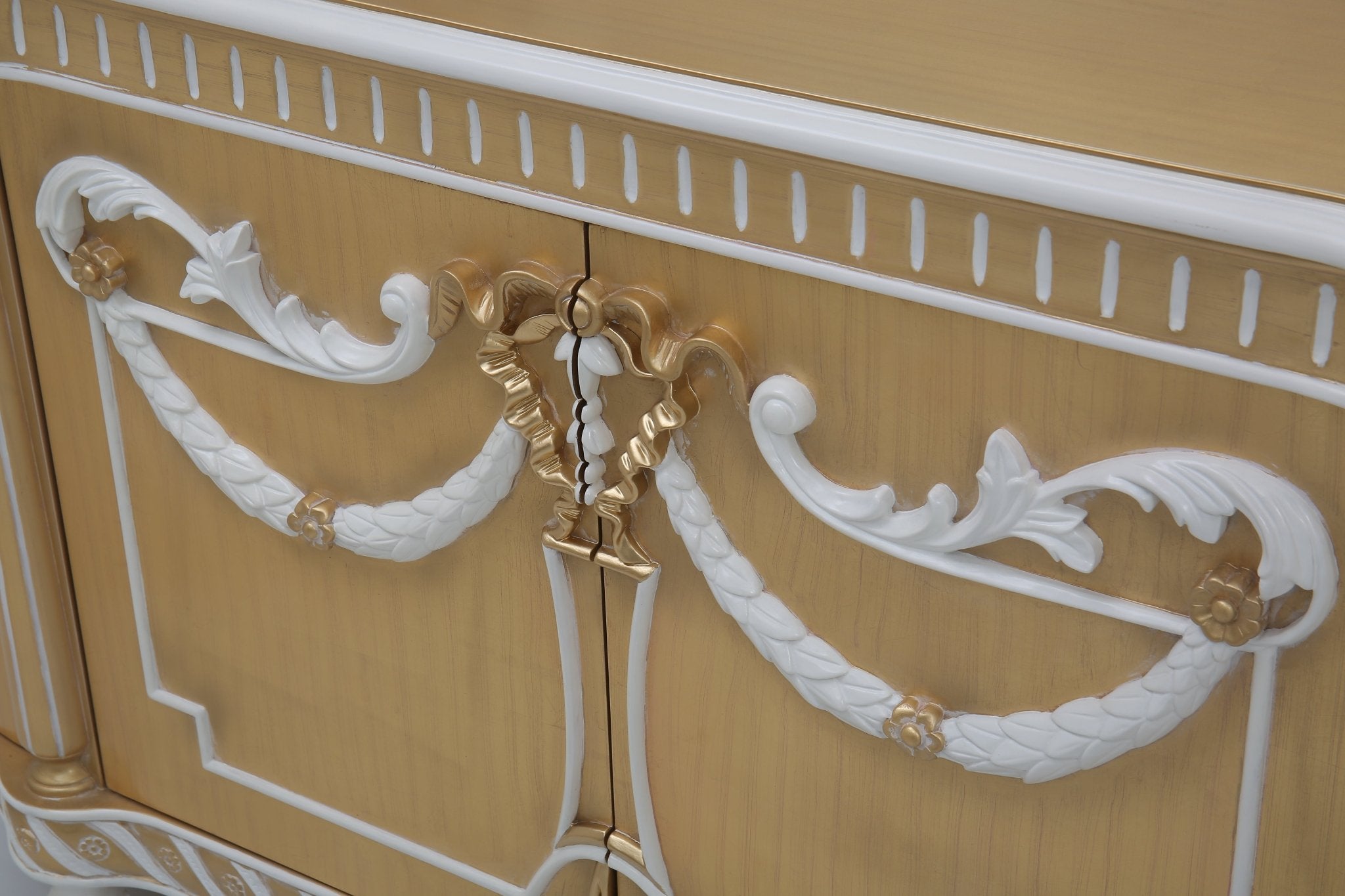 Close-up of R-087-1 vintage sideboard — beech wood carved gold leaf details, ornate hardware, and French retro motifs