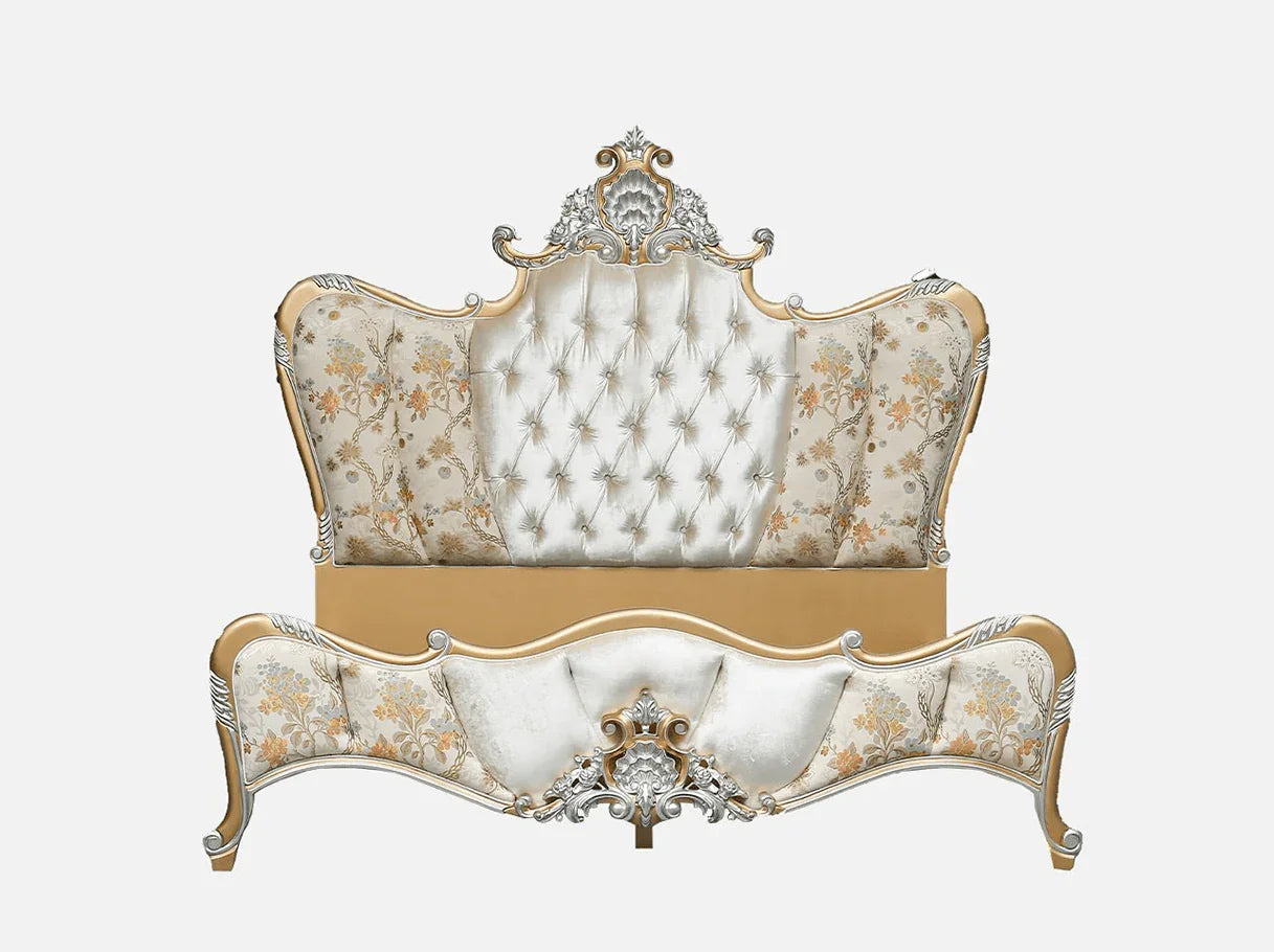 Luxury French bed B-320 with tufted velvet headboard, jacquard upholstery, and silver-gold leaf carved frame.