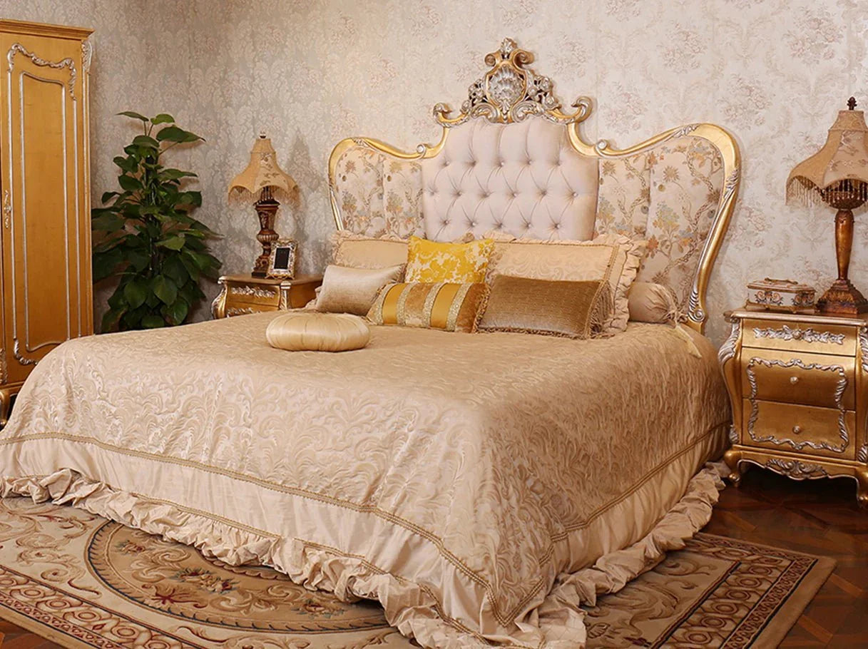 Luxury bedroom interior featuring B-320 classical French bed with gilded beechwood frame and floral jacquard.