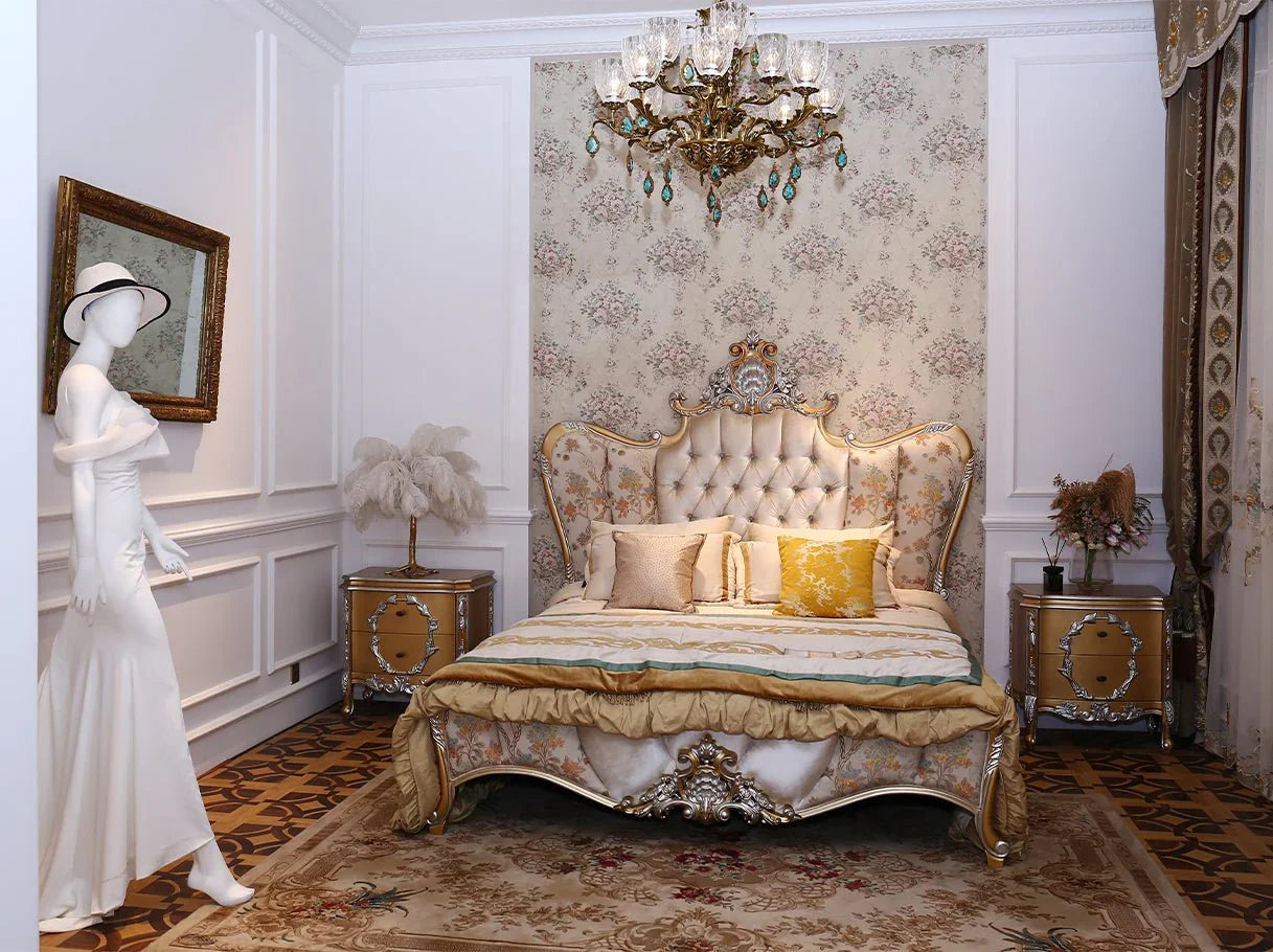 Front view of B-320 French bed with tufted velvet headboard, floral jacquard upholstery, and carved gold accents.