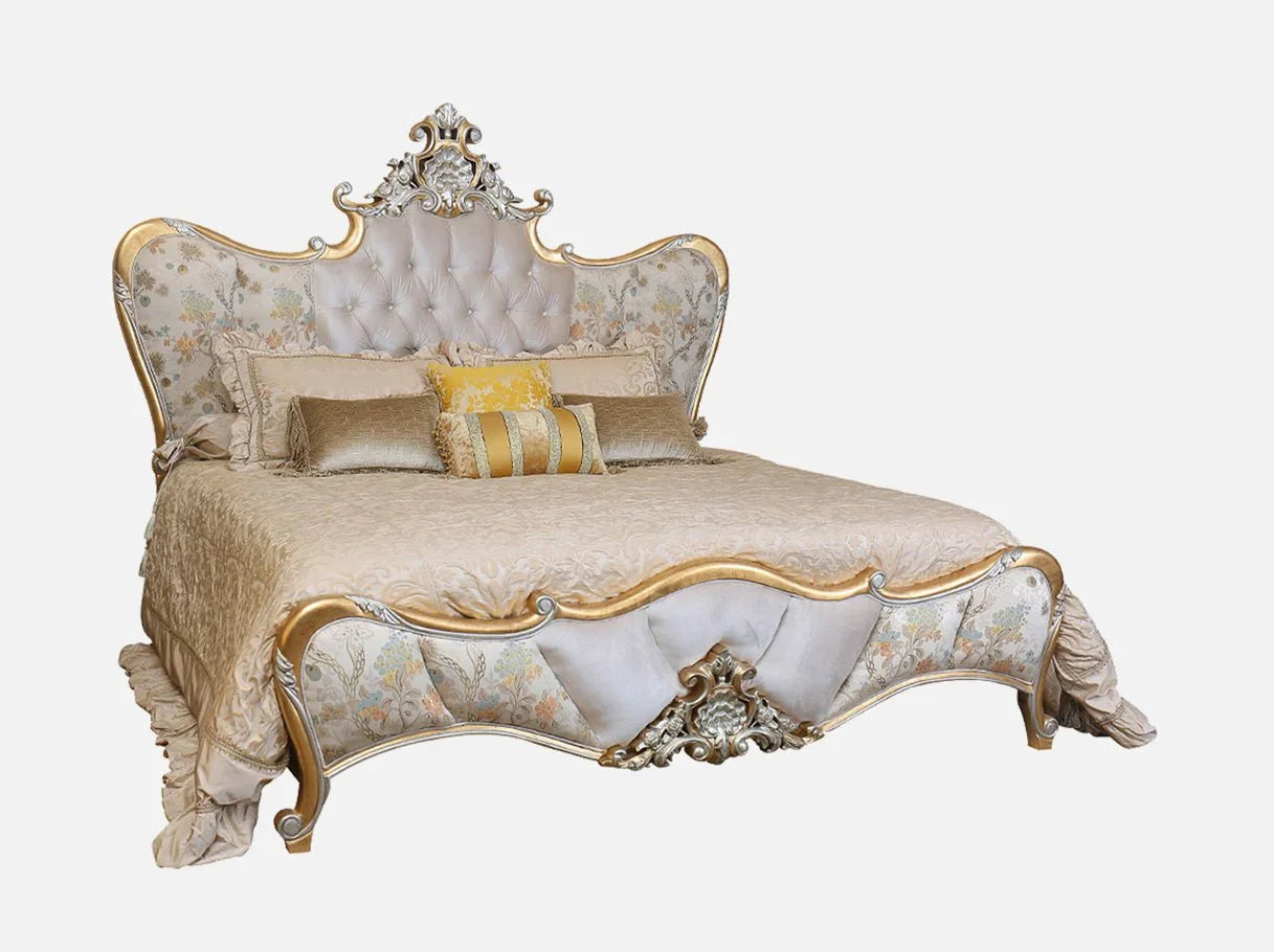 Side view of B-320 French style bed showcasing sculptural curves, jacquard fabric, and tufted velvet details.