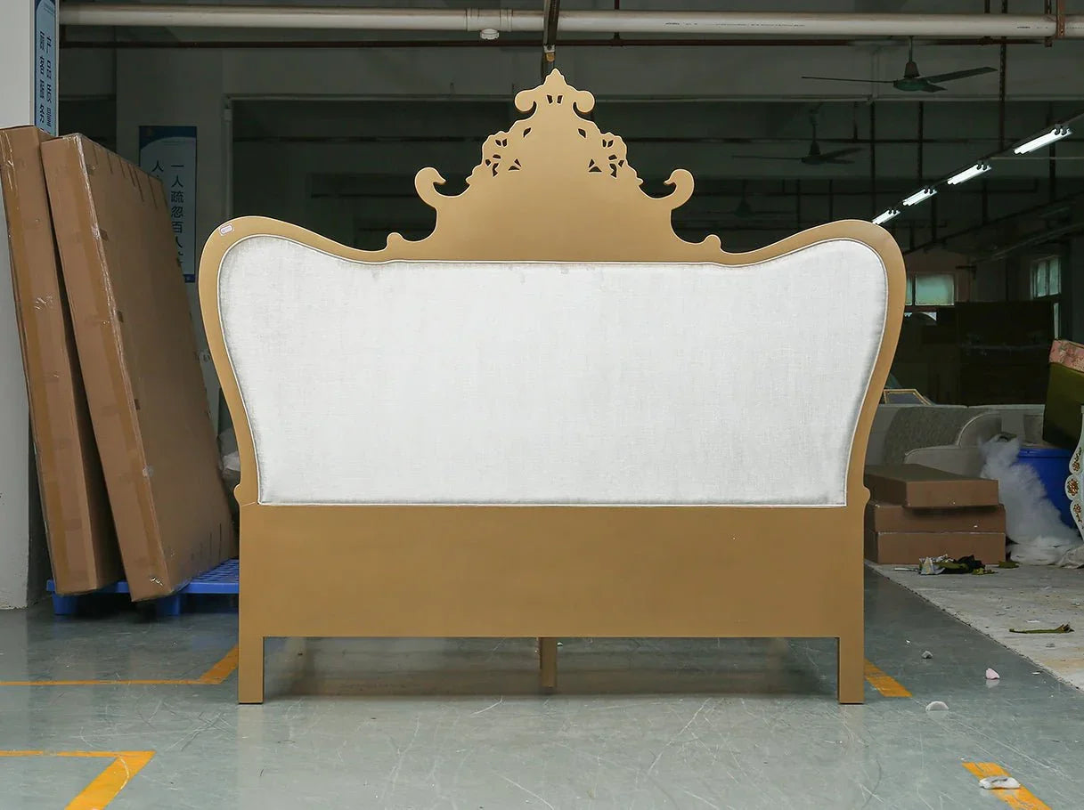 Back panel view of B-320 French style bed showing structured frame and upholstered support in classical design.