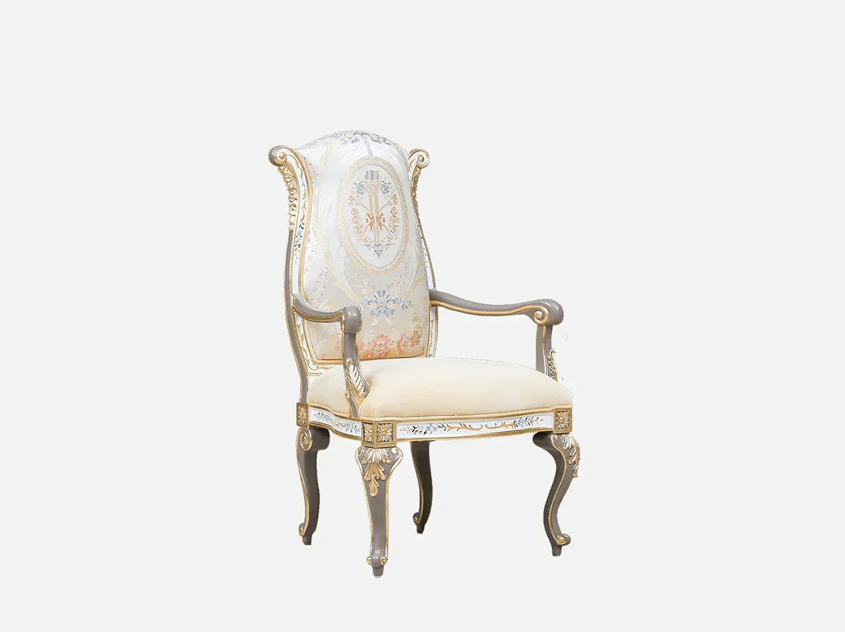 AC-0421 solid wood dining chair side view: Curved legs, ornate carvings, french style gold detailing – exemplifying elegance