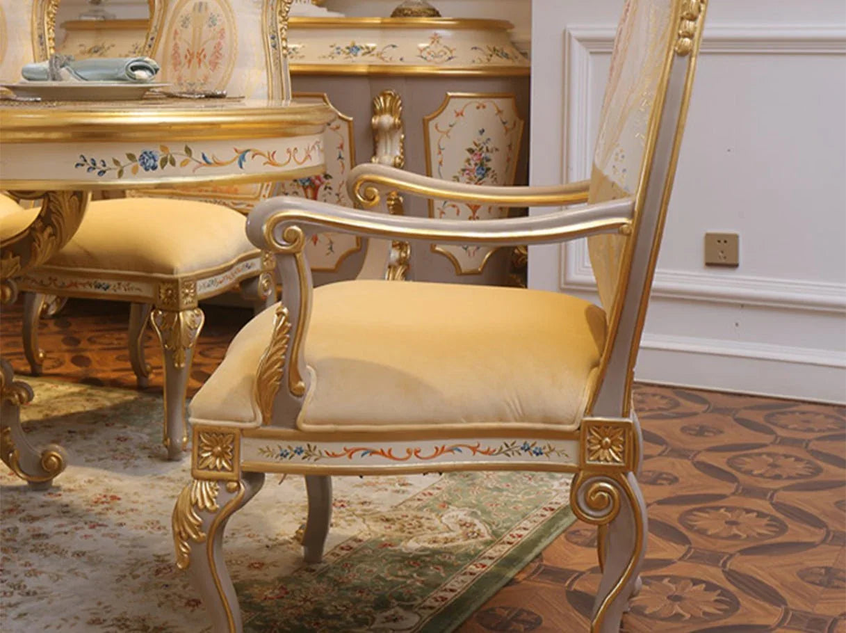 Solid wood dining chairs AC-0421 in dining set: Gold leaf accents, plush velvet seats – ideal for high end furniture collections
