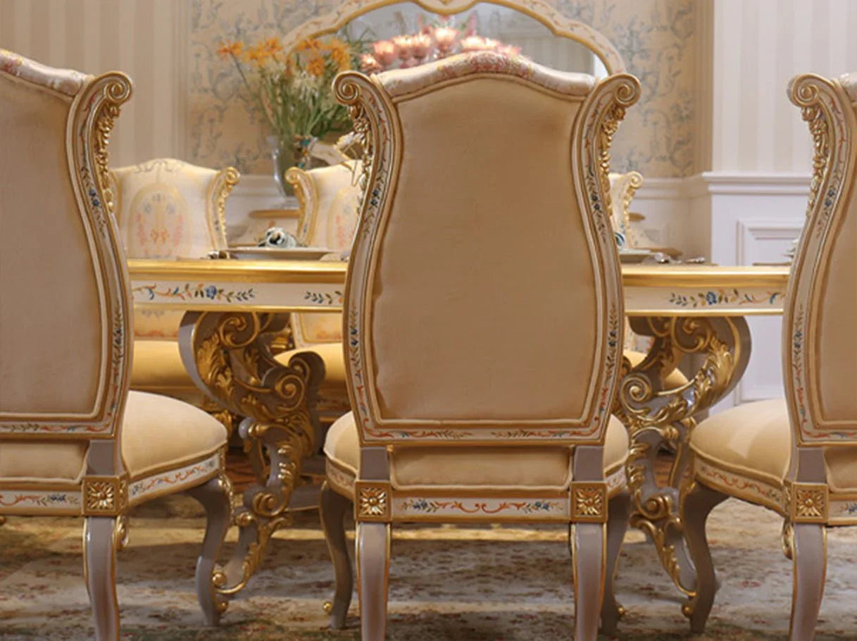 AC-0421 solid wood dining chair back view: Intricate beech wood carving, floral jacquard fabric – highlighting french style artistry