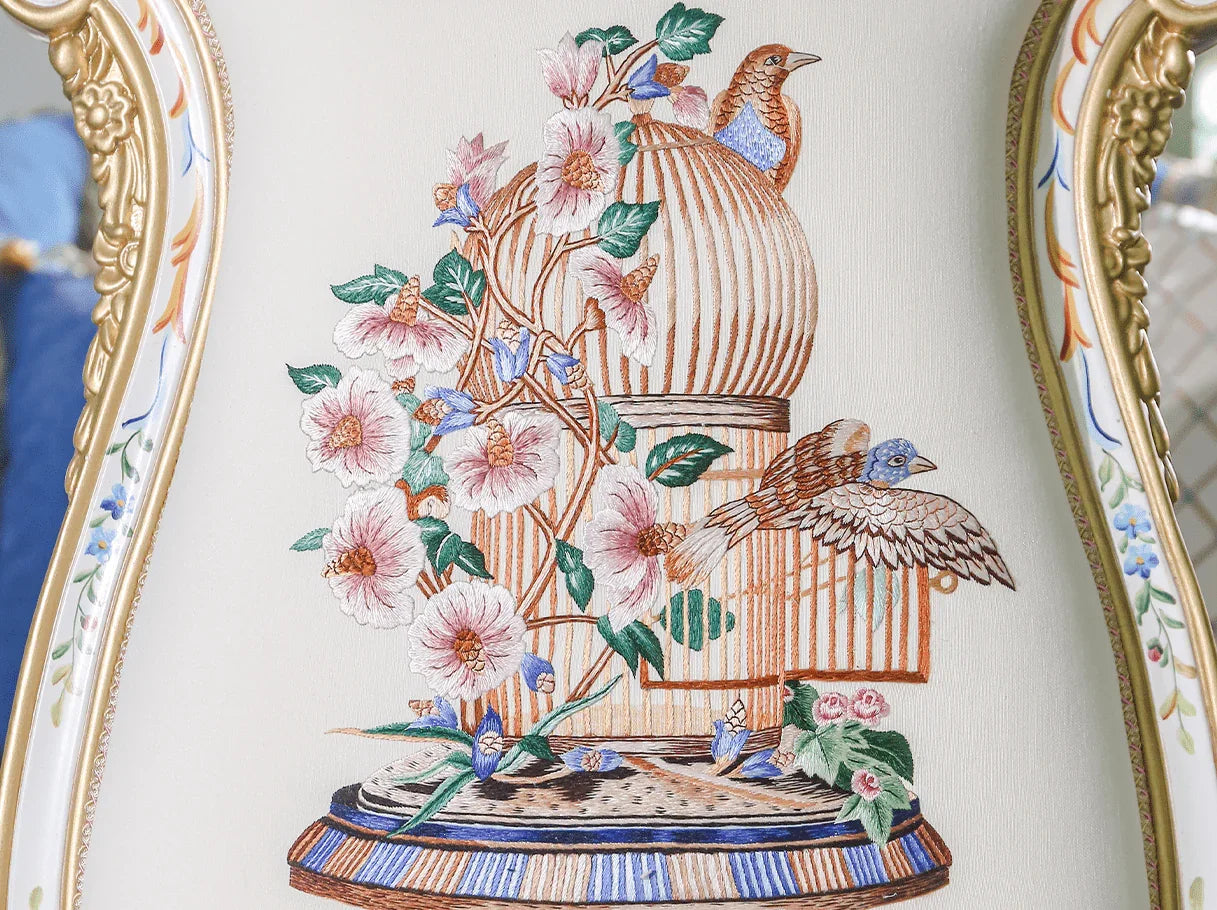 AC-0422 wingback dining chair detail: Intricate Suzhou embroidery, beech wood frame with gold leaf – highlighting french style artistry