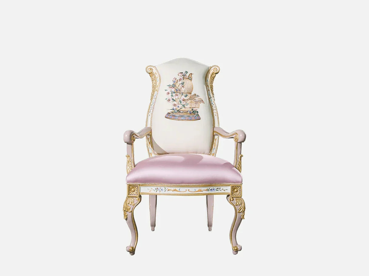Wingback dining chair AC-0422 front view: Beech wood frame, Suzhou embroidered back, silk seat – ideal for high end furniture