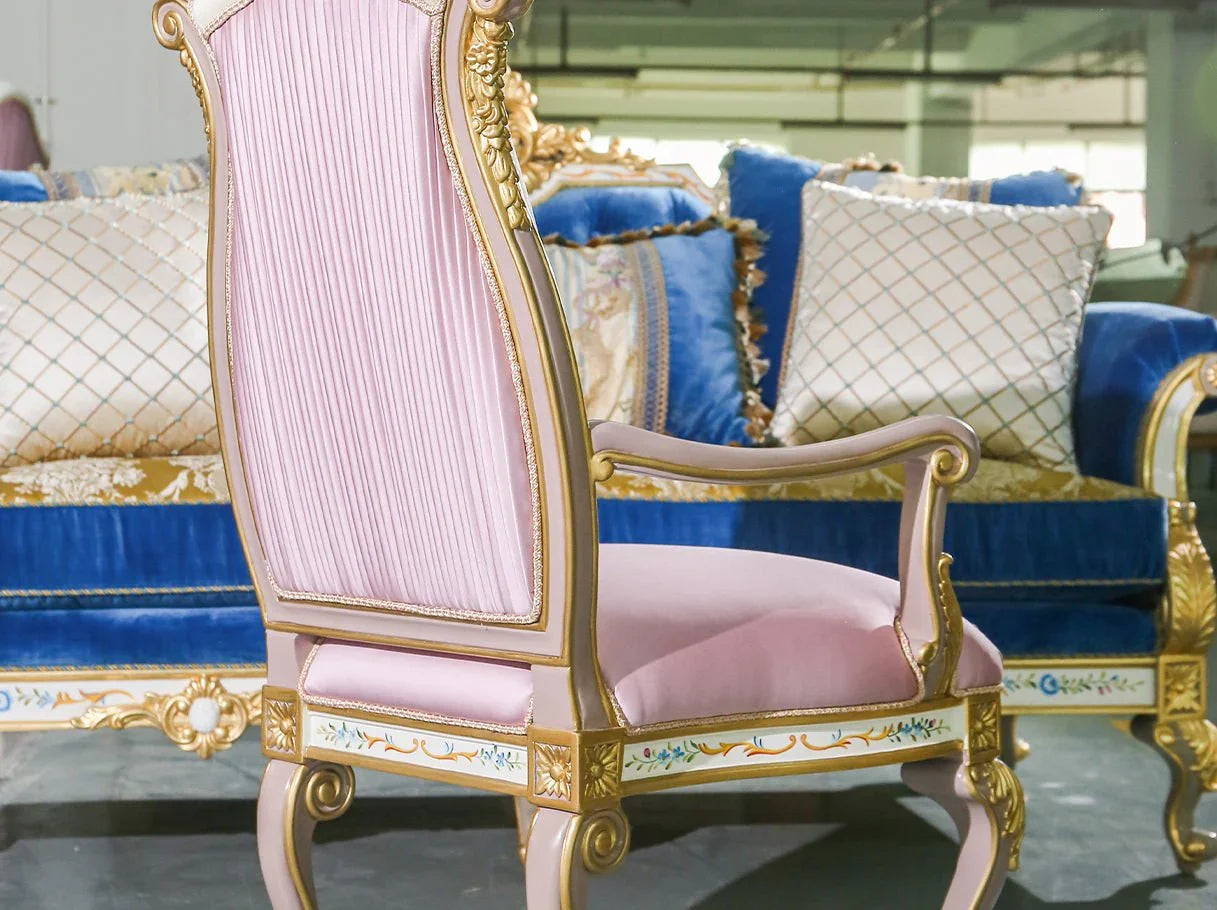 AC-0422 wingback dining chair detail: Gold leaf trim, premium silk upholstery – ideal for high end furniture