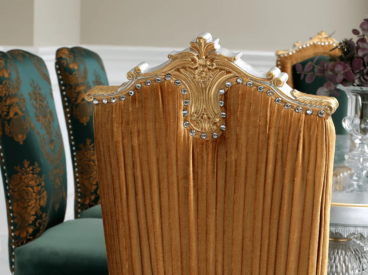 Green dining chairs AC-086 in dining set: Dark green velvet, gold leaf & crystal details – perfect for french style interiors