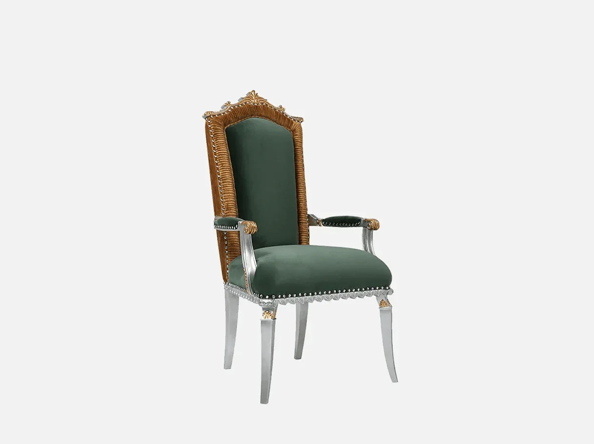 AC-086 green dining chair side view: Crystal rivets, carved details, french style luxury – exemplifying opulence