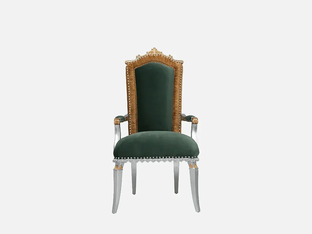 Green dining chair AC-086 front view: Beech wood frame, gold leaf, dark green velvet – ideal for high end furniture