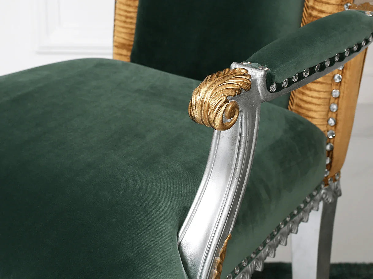 AC-086 green dining chair detail: Sparkling crystal rivets, dark green velvet texture – ideal for high end furniture
