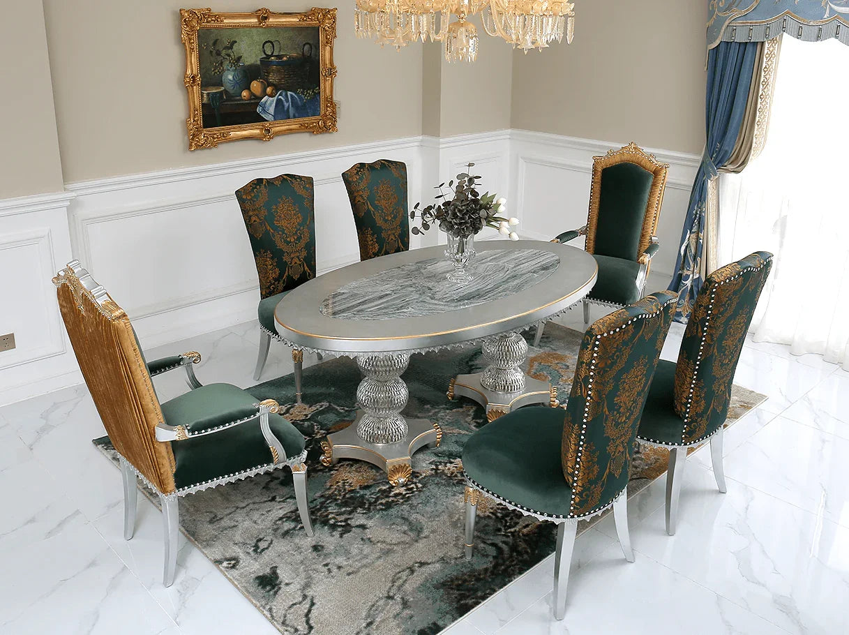 AC-086 green dining chair back view: Gold leaf trim, crystal accents, beech wood carving – highlighting french style artistry