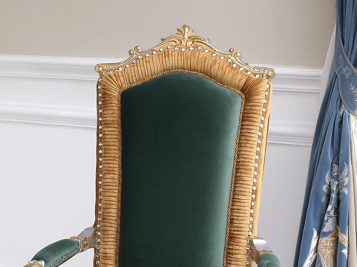 AC-086 green dining chair arm detail: Crystal rivets on dark green velvet, gold leaf accents – ideal for high end furniture