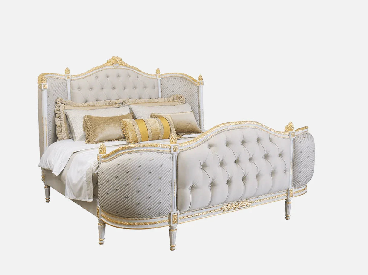 Side view of B-041 French bed featuring curved headboard, jacquard and velvet upholstery, and ornate gold details.