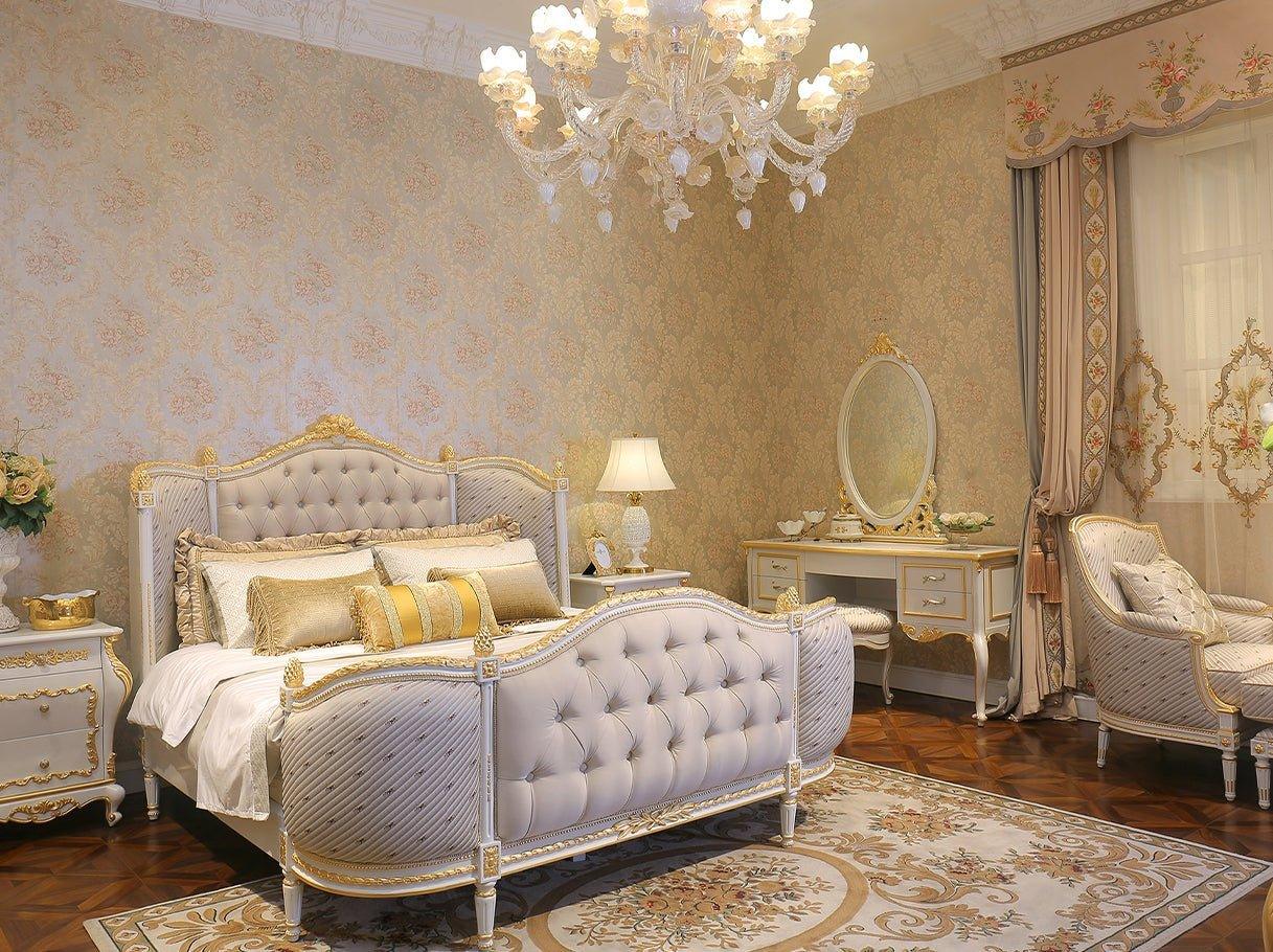 A set of luxury bedroom interior with B-041 French style bed, tufted velvet upholstery, and gilded beechwood carving.