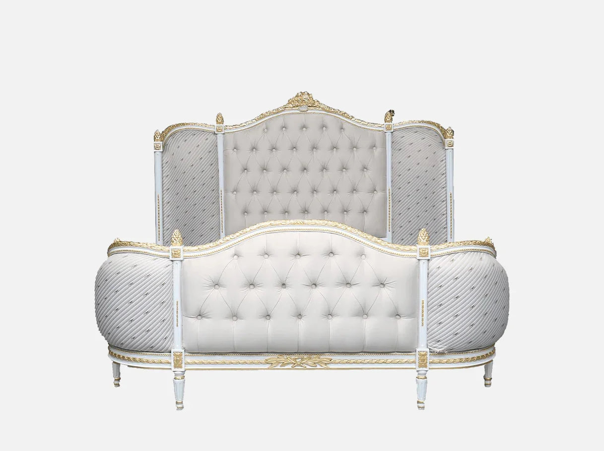 Luxury French bed B-041 with tufted velvet and jacquard fabric, carved beechwood frame, and gold leaf finish.