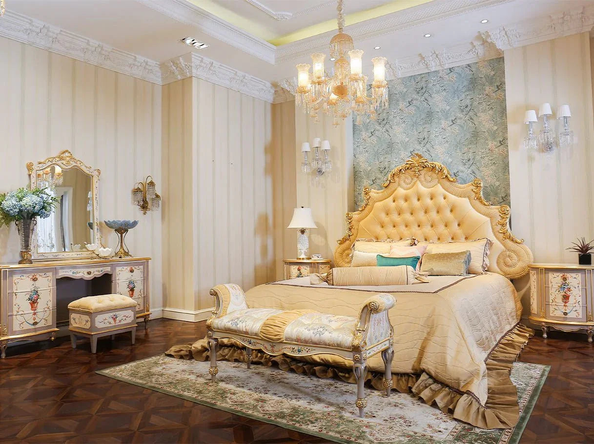 French style luxury bedroom with gold bed B-042, carved frame, and premium velvet upholstery.