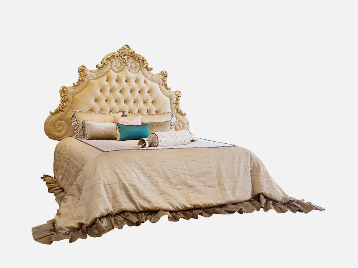 Gold bed B-042 with ornate carved headboard, tufted velvet upholstery, and gilded beechwood frame.