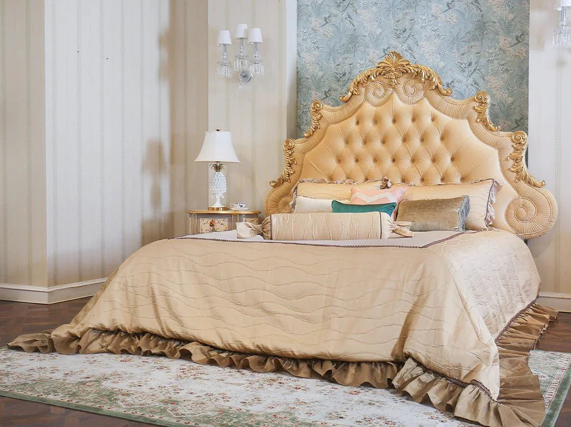 Luxury bedroom interior featuring gold bed B-042 with hand-carved detailing and plush velvet finish.