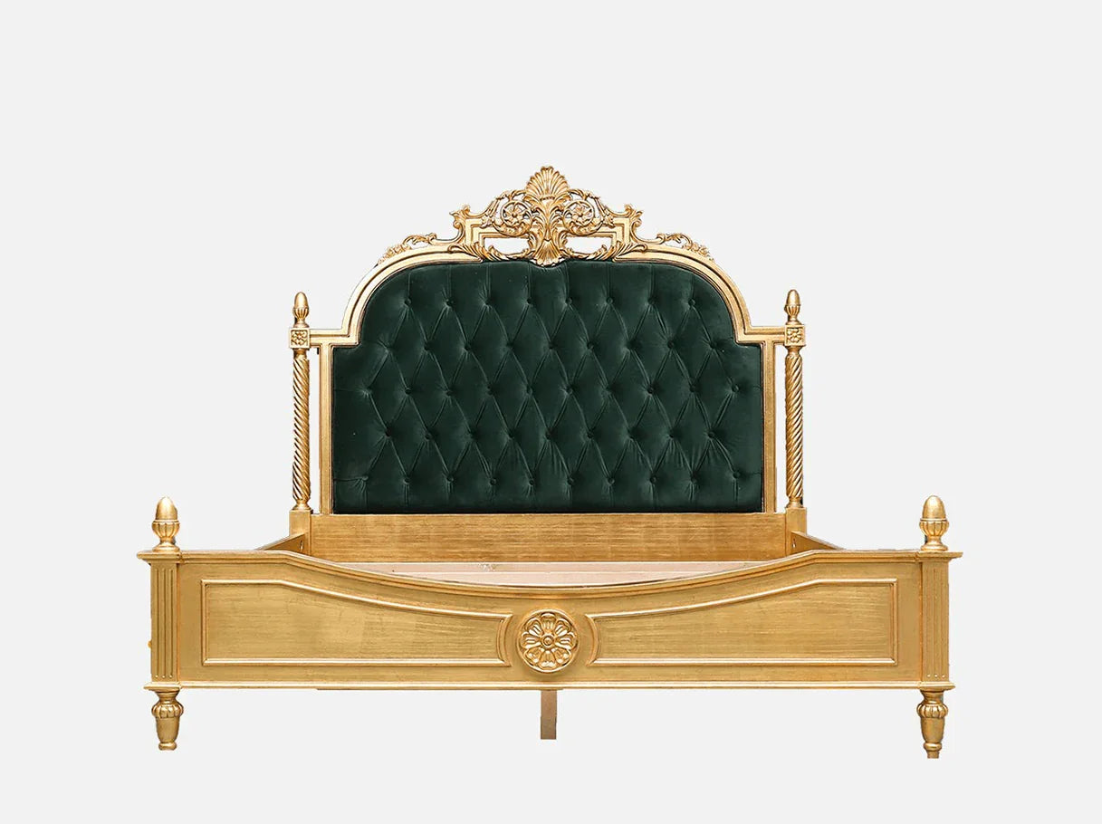 French bed B-048 with tall arched velvet headboard, floral crest, and gold leaf carved beechwood frame.