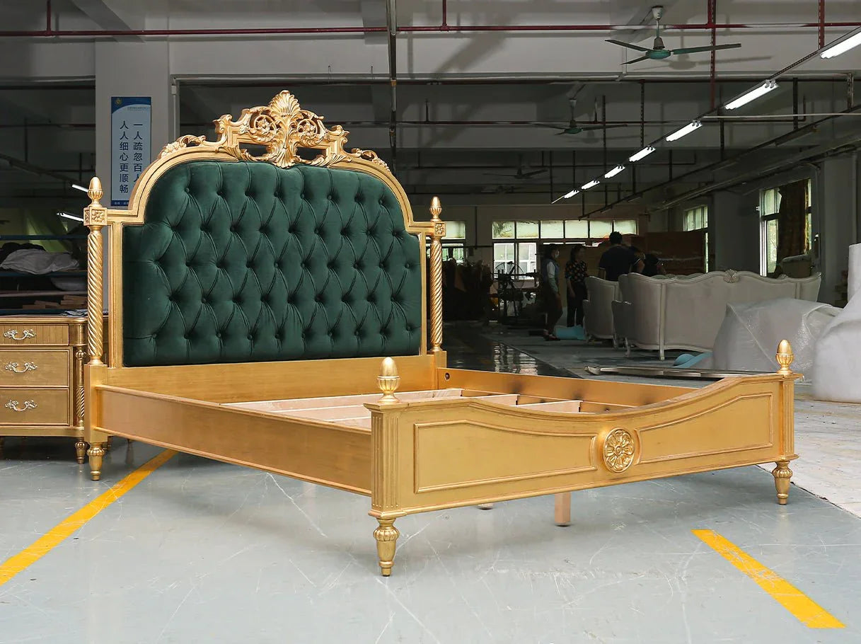 Luxury bedroom French bed B-048 with deep button-tufted velvet headboard and gold leaf finish.