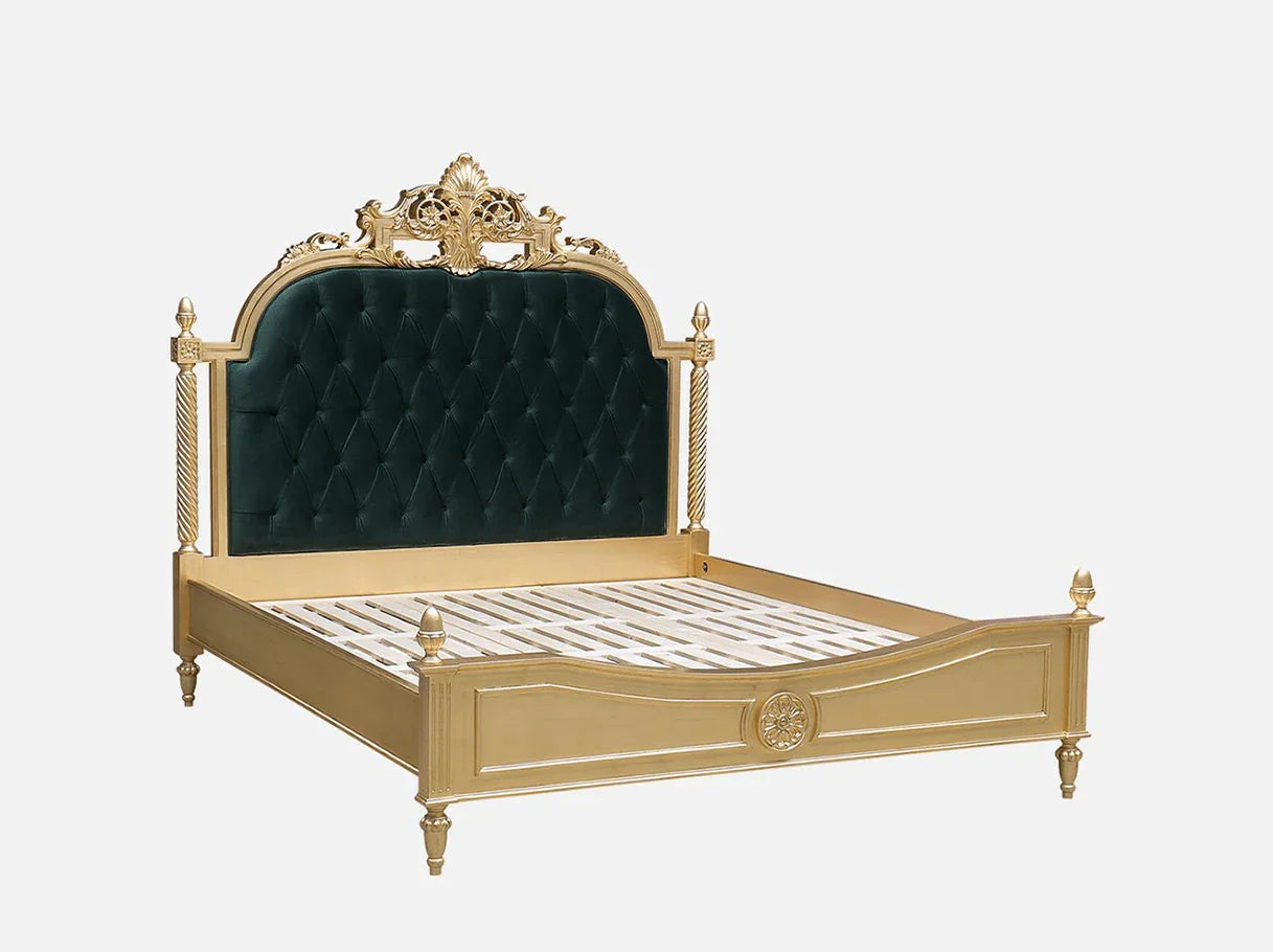 Side view of French bed B-048 showing hand-carved beechwood frame with tufted velvet upholstery.