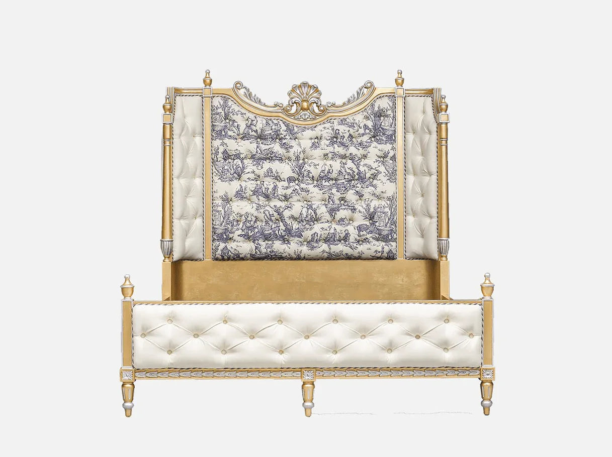 French bed B-072 with tall jacquard headboard, velvet side panels, and hand-carved beechwood frame.