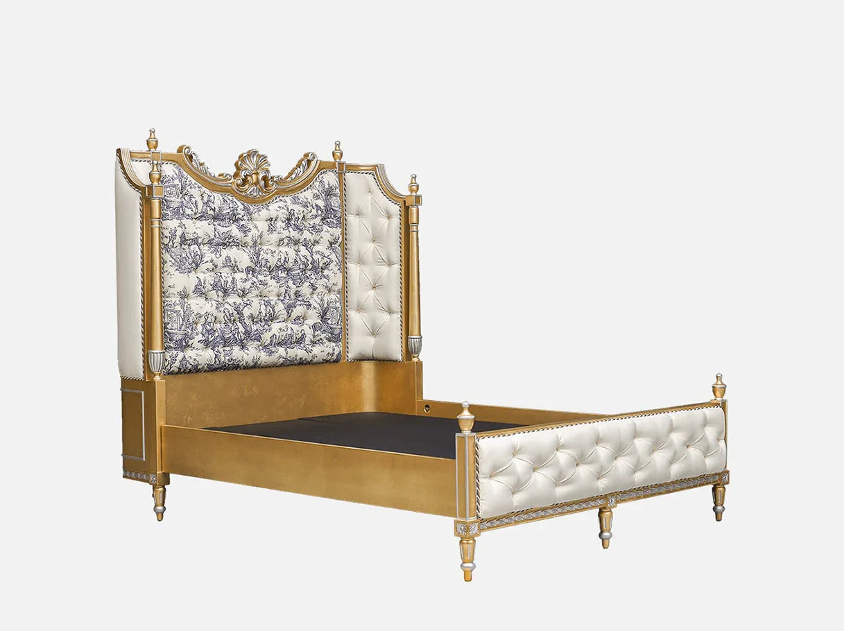Side view of French luxury bed B-072 showing layered headboard with jacquard and velvet upholstery.