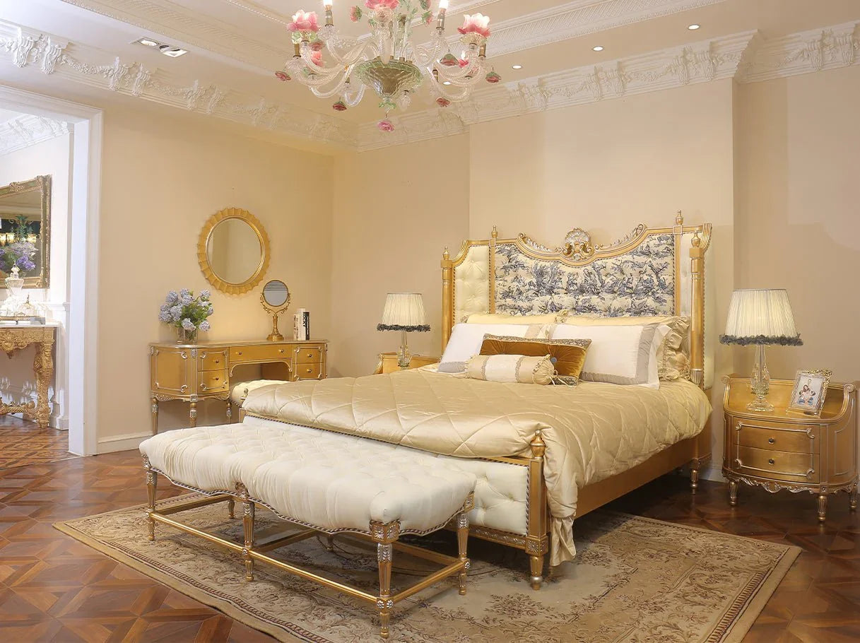 Bedroom interior featuring French bed B-072 with tufted footboard, jacquard fabric, and gold leaf accents.