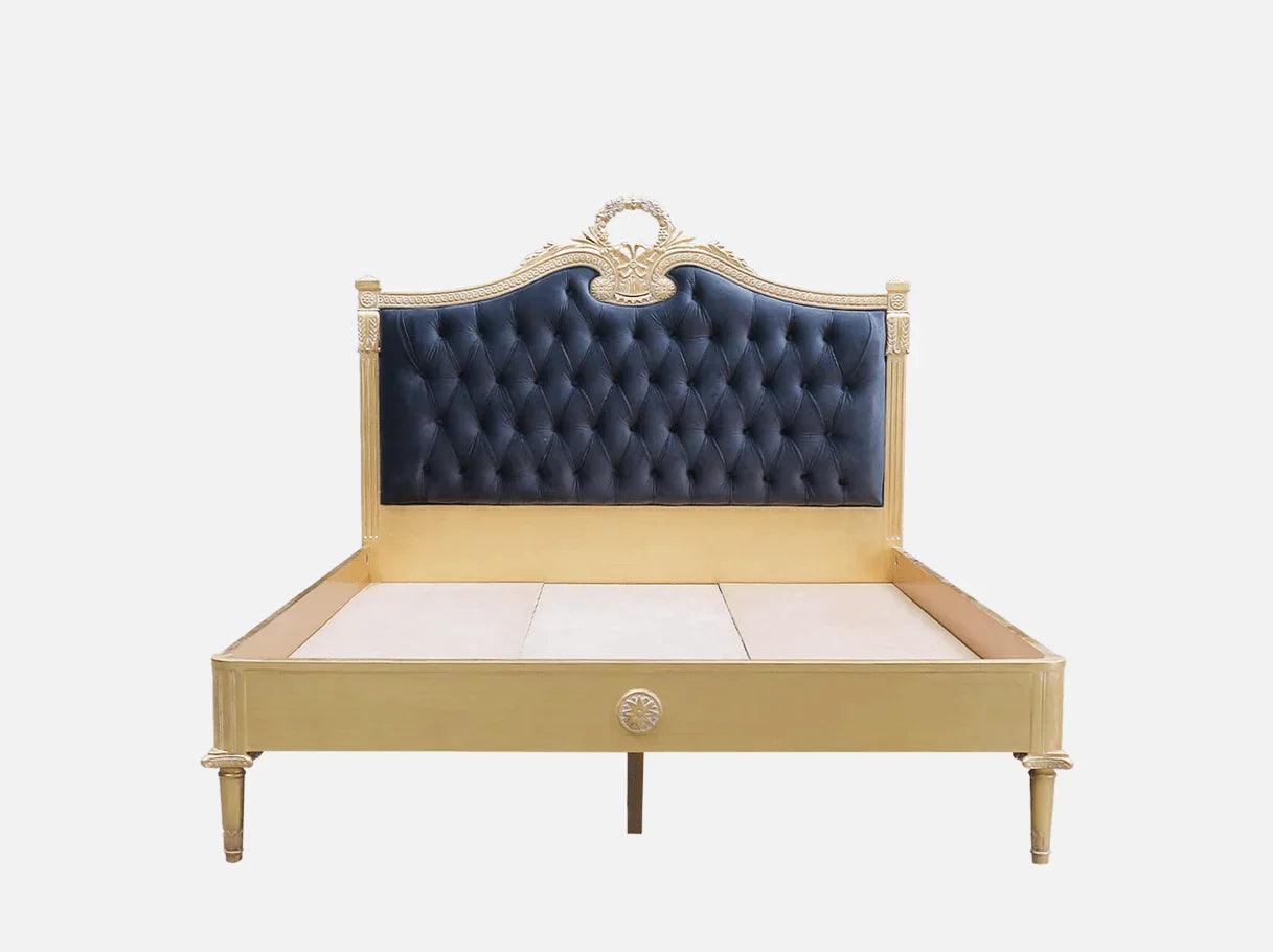 French bed B-077 with hand-carved beechwood frame and tufted velvet headboard.