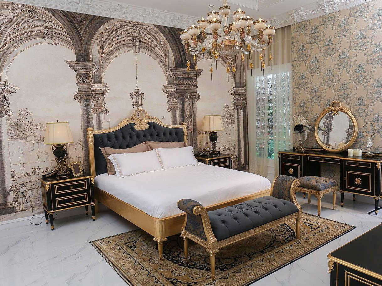 Bedroom interior featuring French bed B-077 with tufted velvet headboard and carved beechwood details.