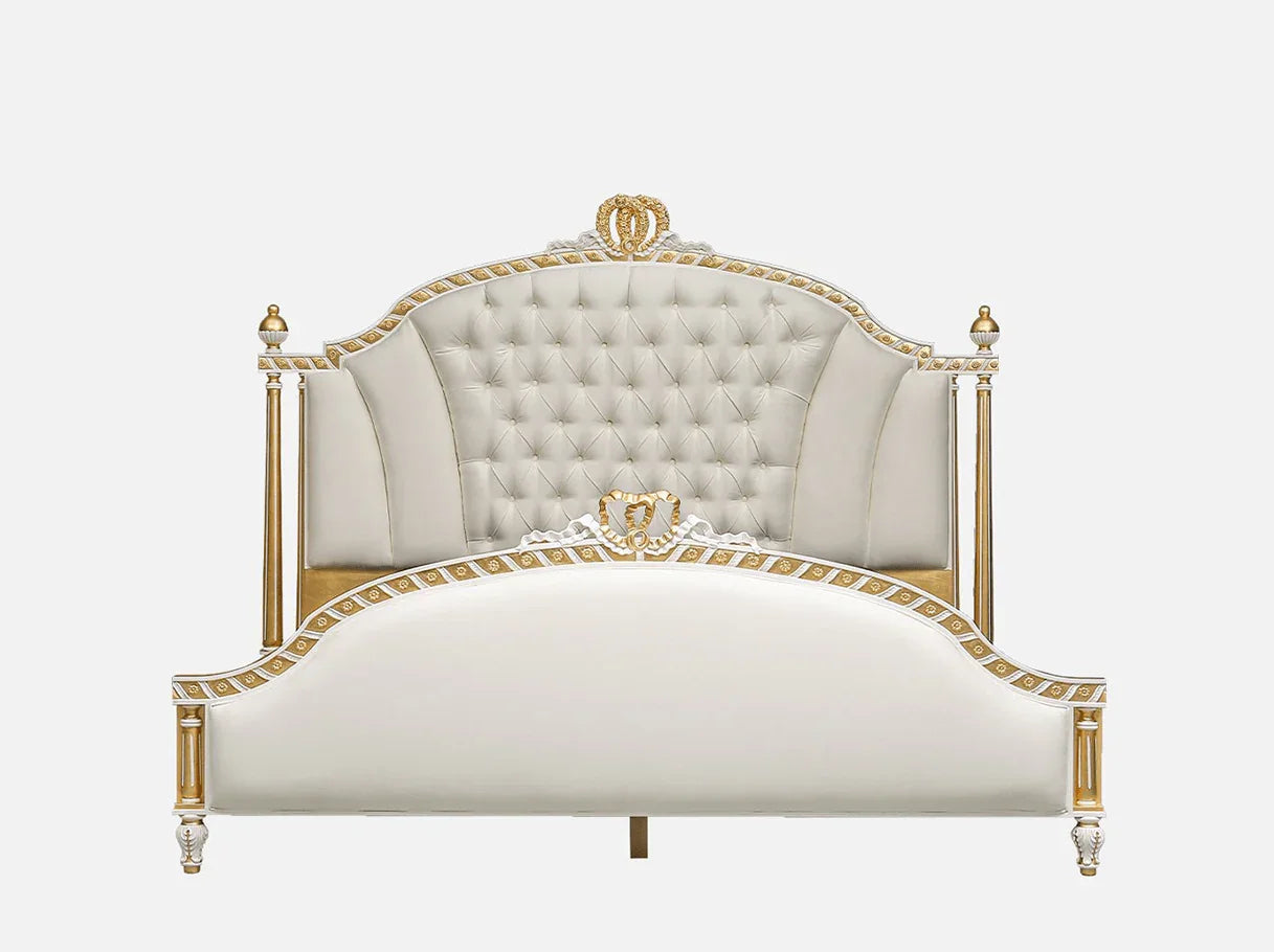 Front view of velvet bed B-087 with tufted headboard and carved beechwood frame.