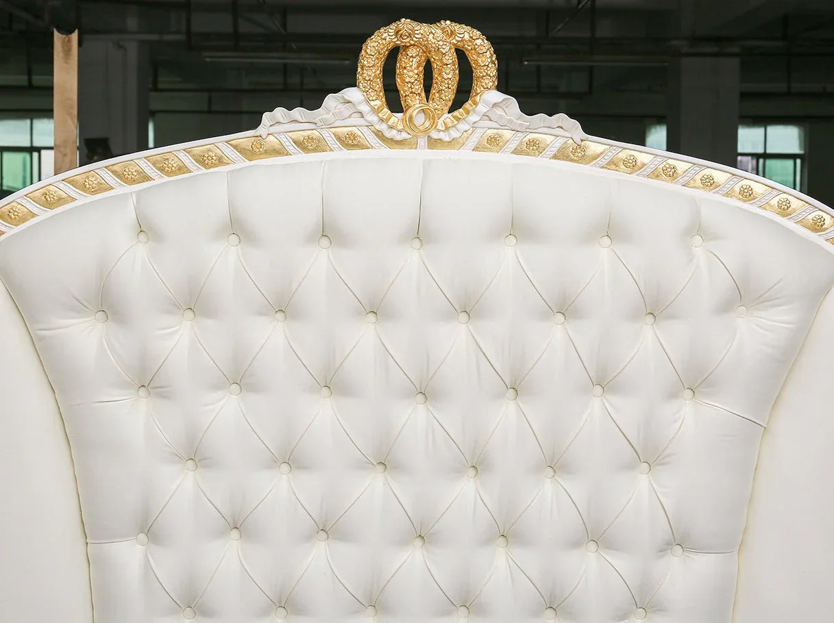 Close-up of B-087 tufted velvet headboard with carved crest details.