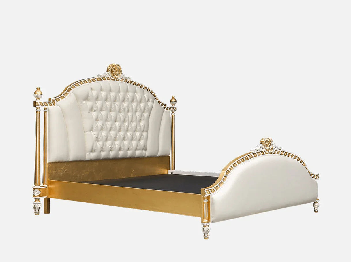Side view of B-087 luxury bed with gold leaf accents and upholstered panels.