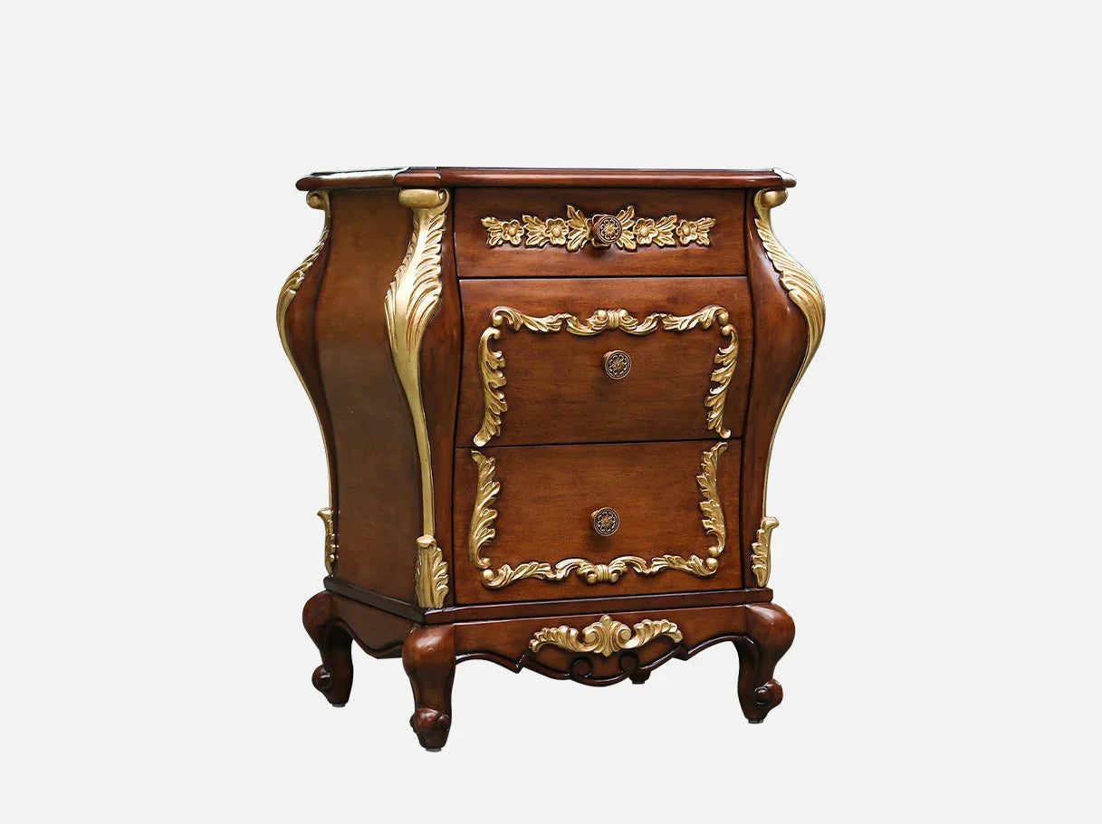 Classical dark wood bedside table with ornate carvings and compact design
