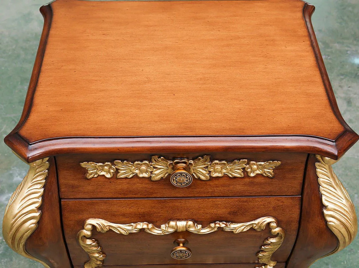 Solid wood bedside table with dark finish and French-inspired craftsmanship