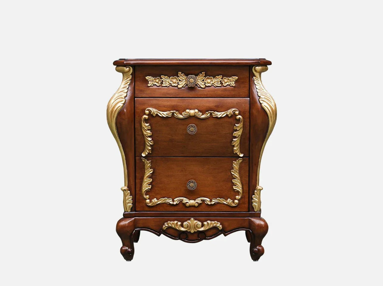 Dark wood nightstand N-041 with gold accents and French carved details