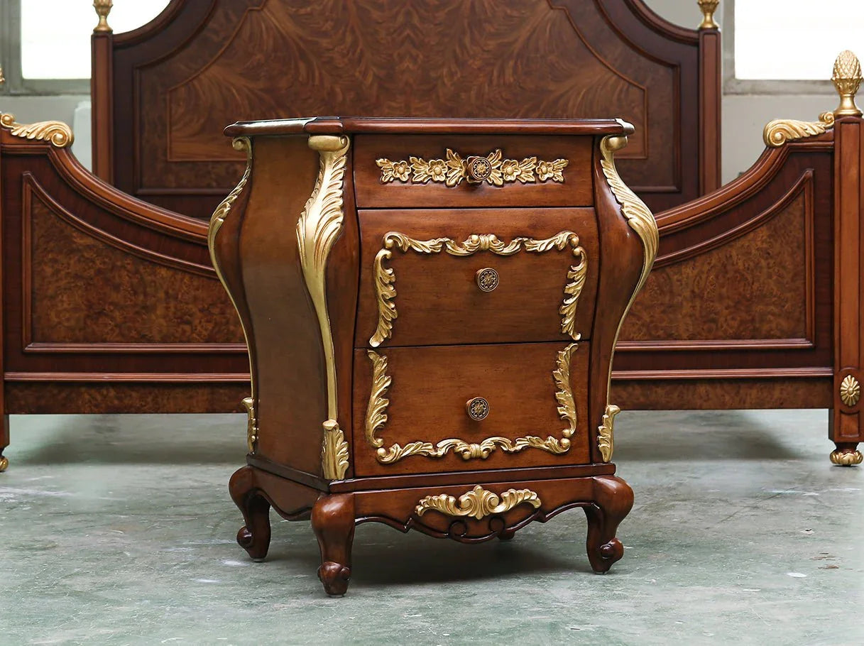 Classical dark wood bedside table with ornate carvings and compact design in high end furniture factory