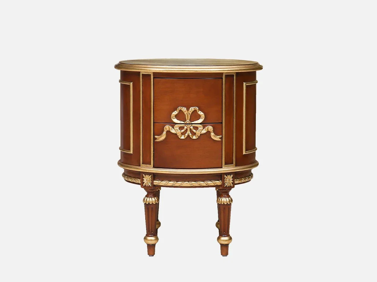 Round nightstand N-078 with gold leaf finish and French carved details
