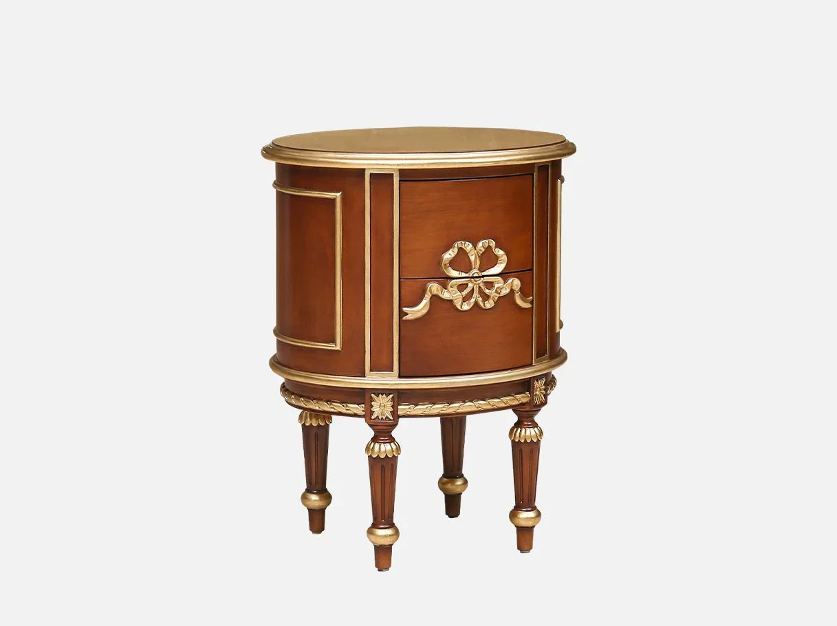 French style round bedside table with two drawers and ornate legs