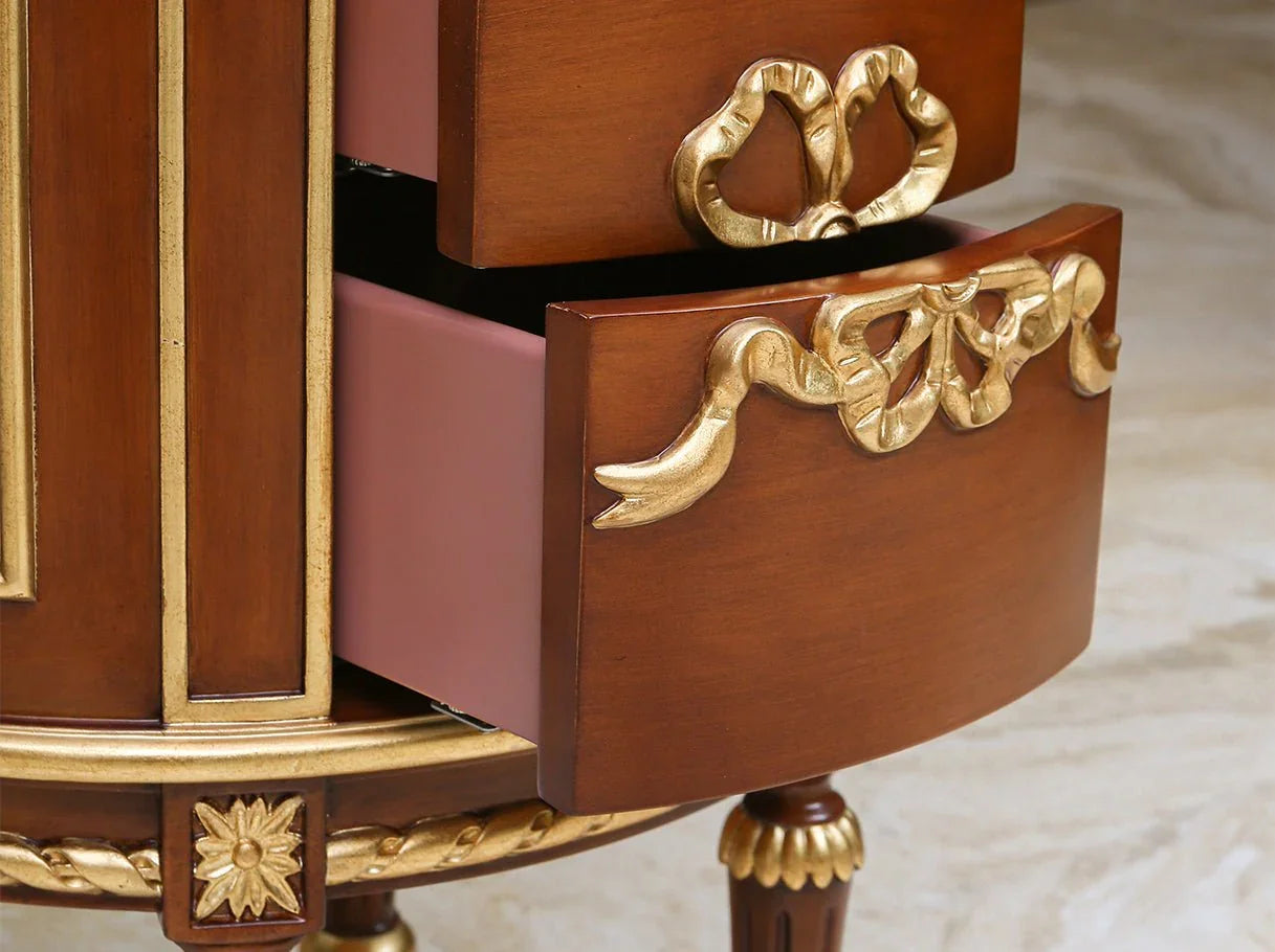 Compact round bedside table with smooth veneered top and French design