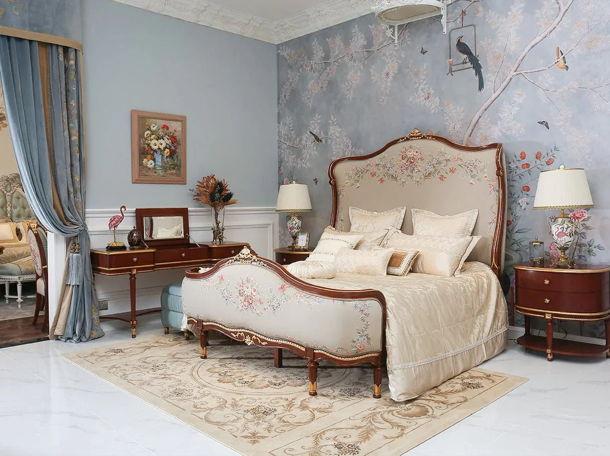Luxury bedroom interior set with B-082 French bed upholstered in patterned jacquard fabric.