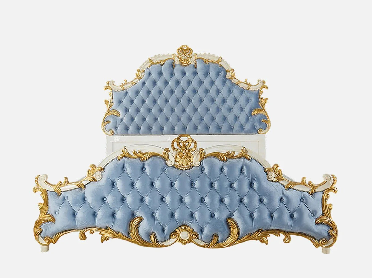 Luxury French bed B-091 with tufted blue velvet upholstery, hand-carved beechwood frame, and gold leaf decorative accents front view.