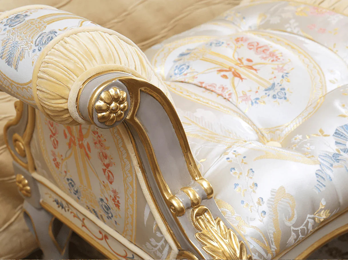 Luxury bedroom bench at the foot of the bed with jacquard and velvet upholstery