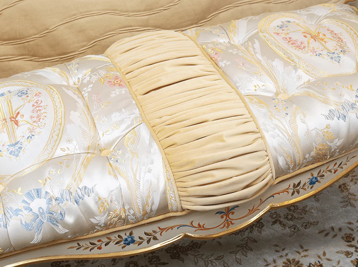 Hand-carved vintage bedroom bench with floral painting and French-inspired design