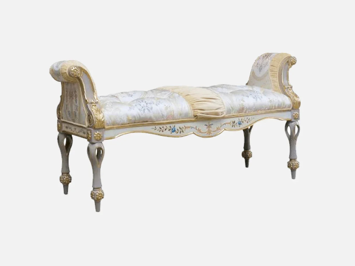 Vintage bedroom bench BE-077 with hand-painted details and jacquard fabric