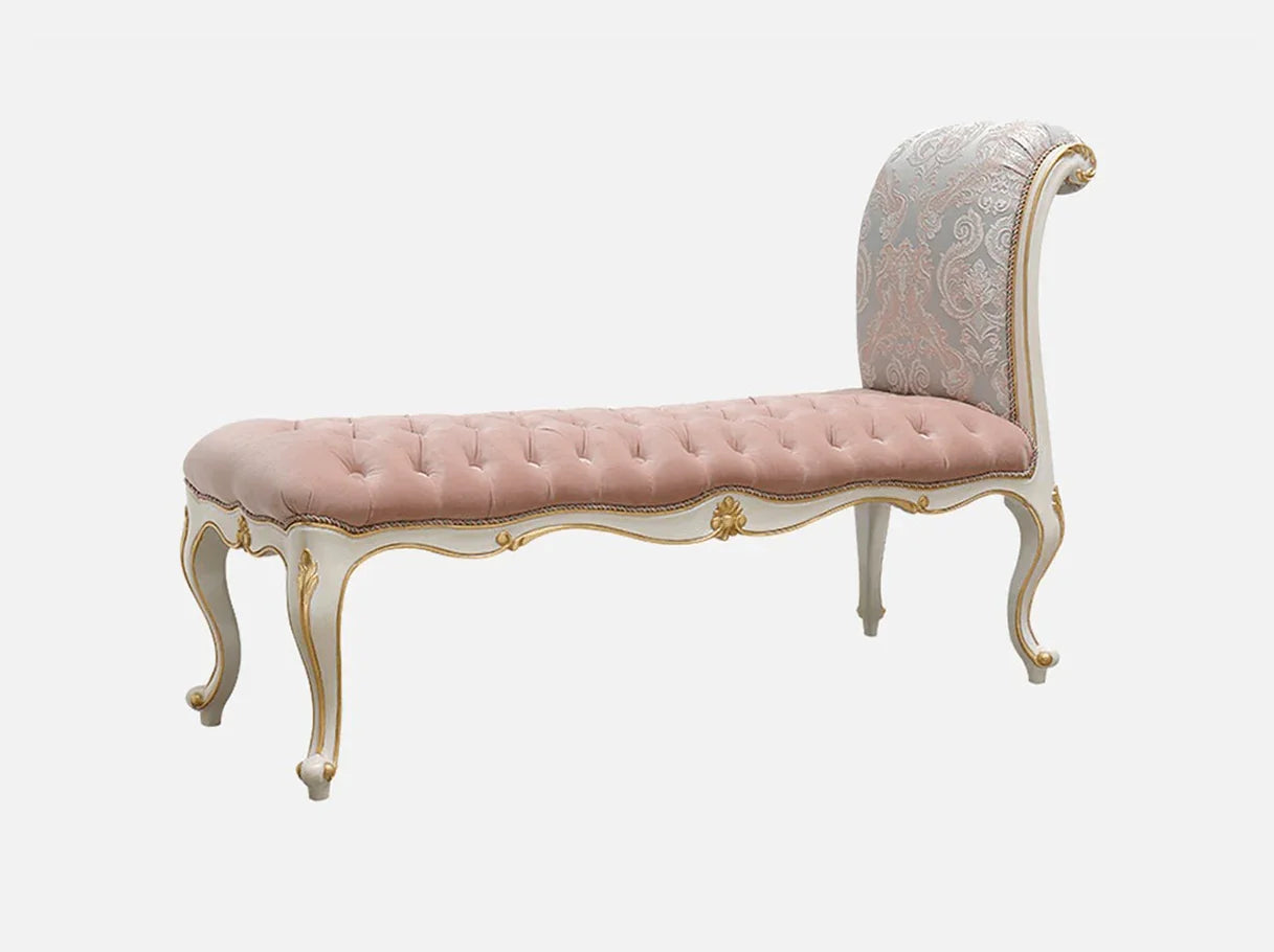 Vintage bedroom bench with gold leaf finish and tufted upholstered seat