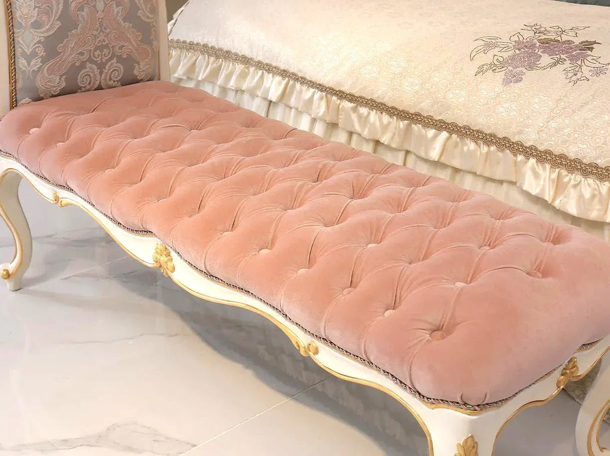 Elegant vintage upholstered bench with cabriole legs and carved gold details