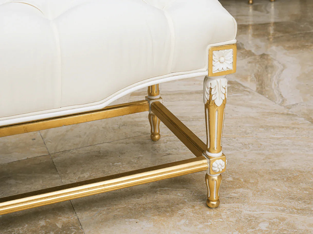 White bedroom bench with high-end velvet upholstery and hand-carved details
